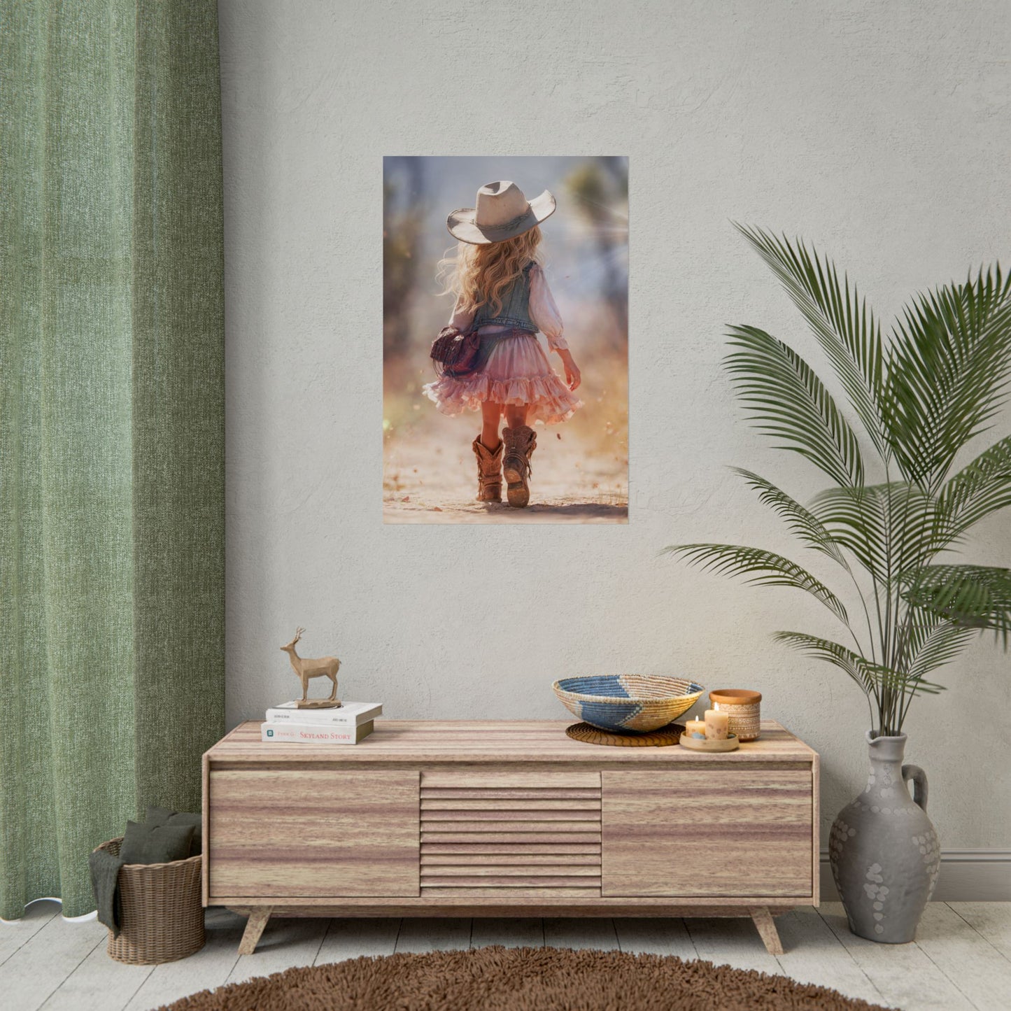 Little Cowgirl Walking Rolled Poster | Western Kids Room Wall Art