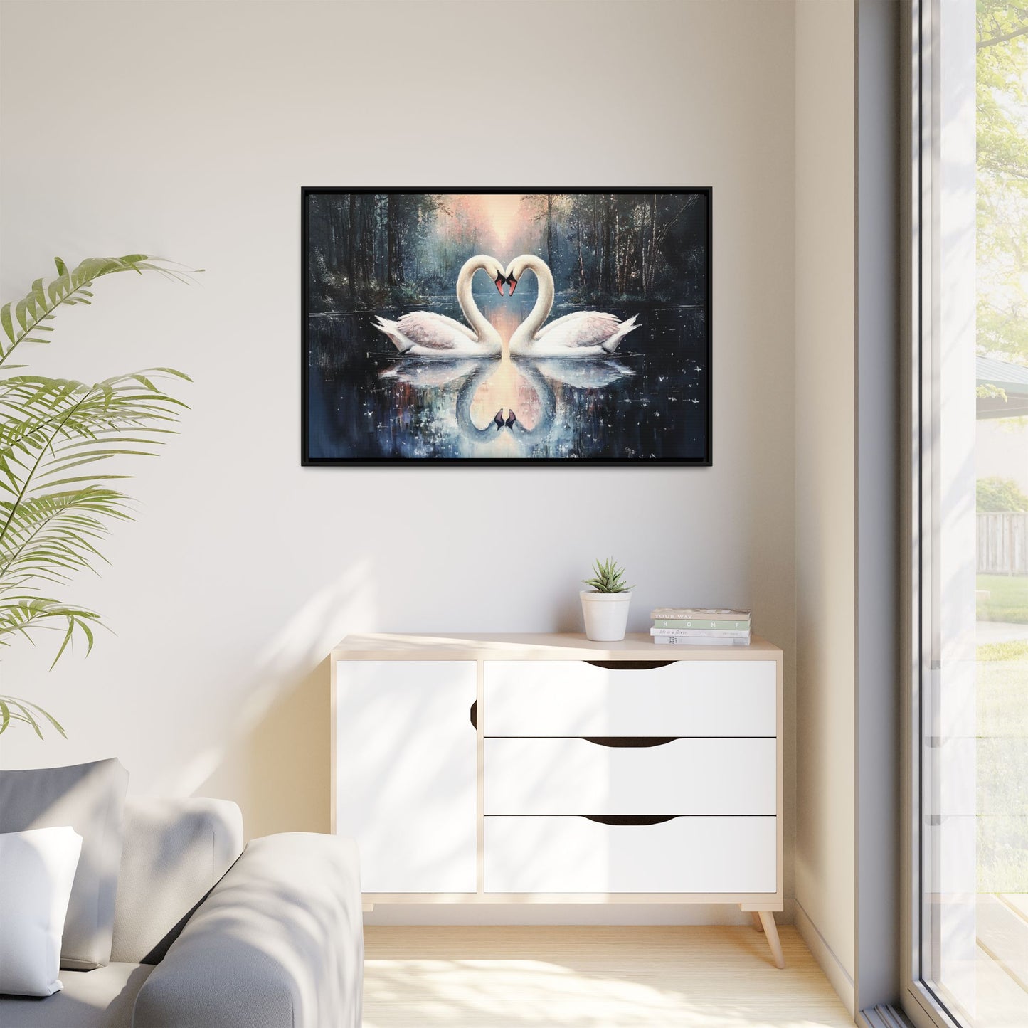 Romantic Swan Canvas Art, Framed Wall Decor, Love Gift, Romantic Home, Wedding Anniversary, Bedroom Wall Art, Nature Art