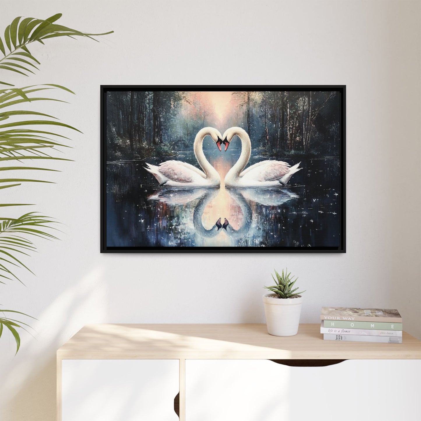 Romantic Swan Canvas Art, Framed Wall Decor, Love Gift, Romantic Home, Wedding Anniversary, Bedroom Wall Art, Nature Art