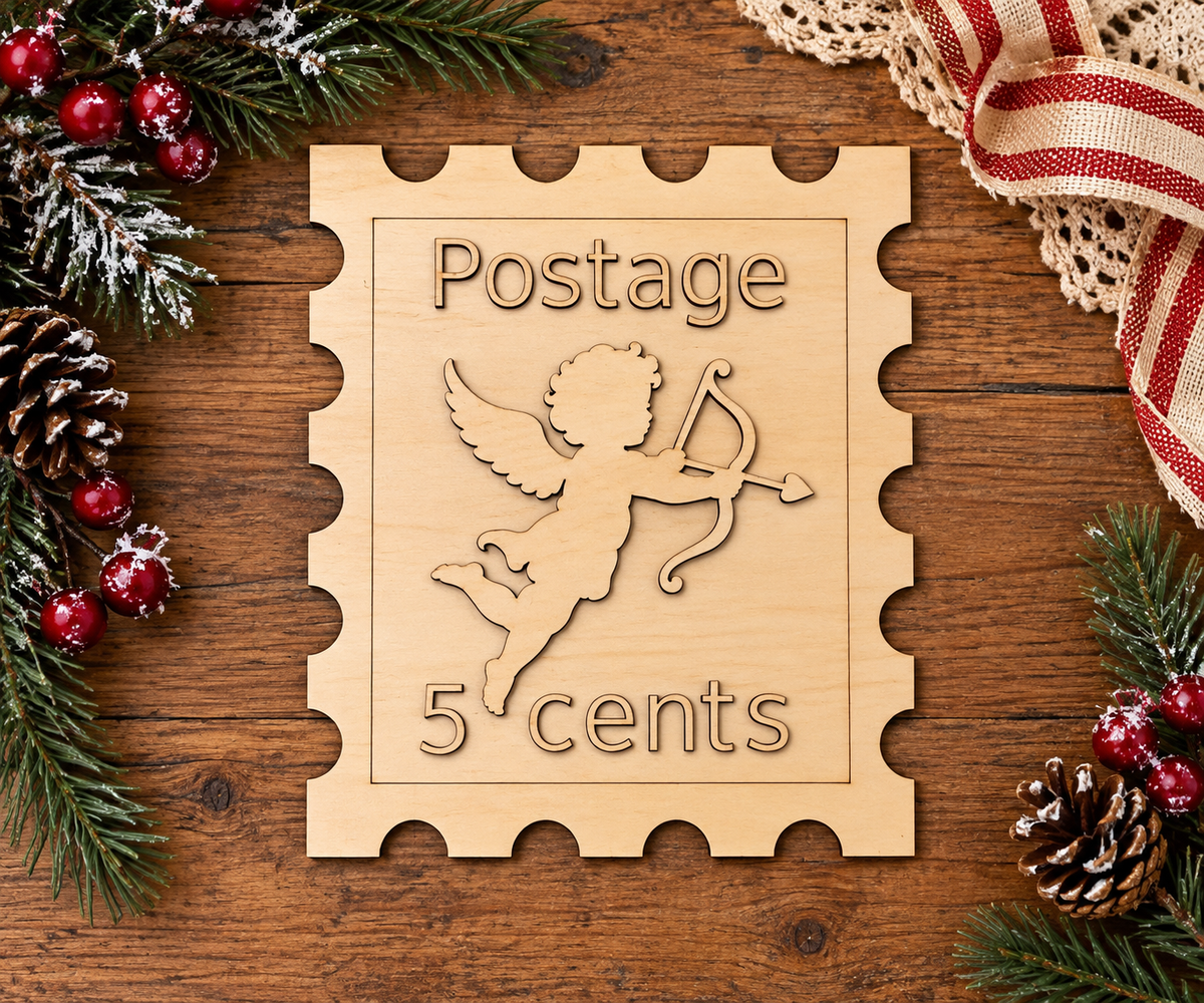 Cupid Postage Stamp Wood Cutout, 8.2 x 9.75 Inch Unfinished Wood Blank, DIY Craft