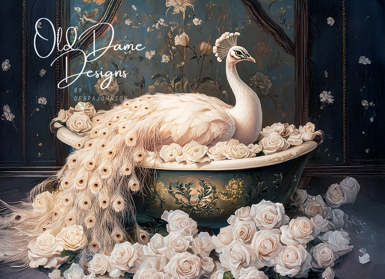 White Peacock in a Tub of Roses
