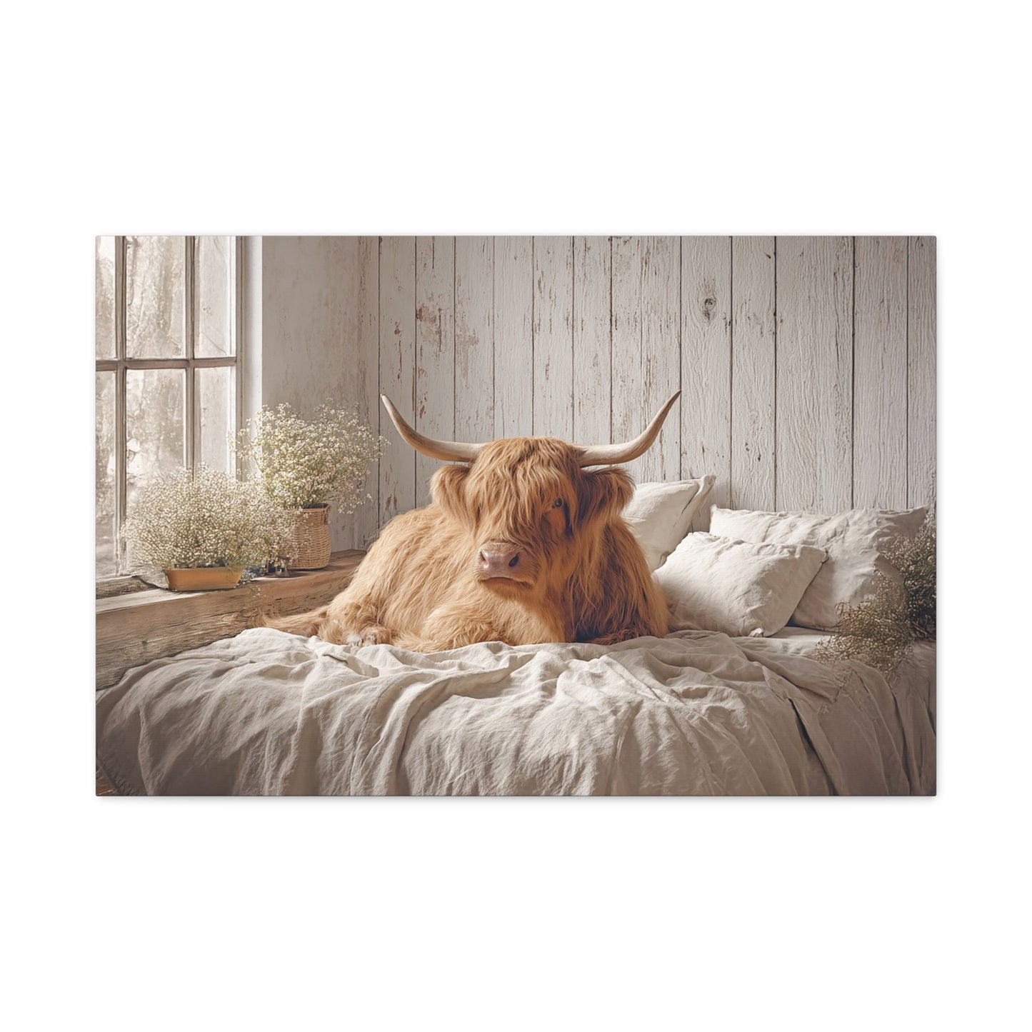 Highland Cow on Cozy Bed Canvas | Matte Stretched Wall Art