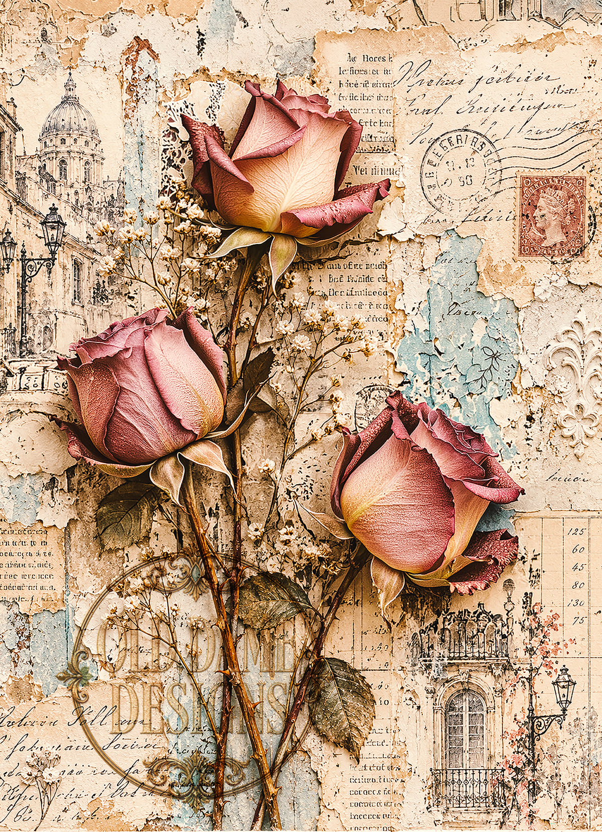 Parisian roses, royal crown and leopard print in red and blue, decoupage tissue paper