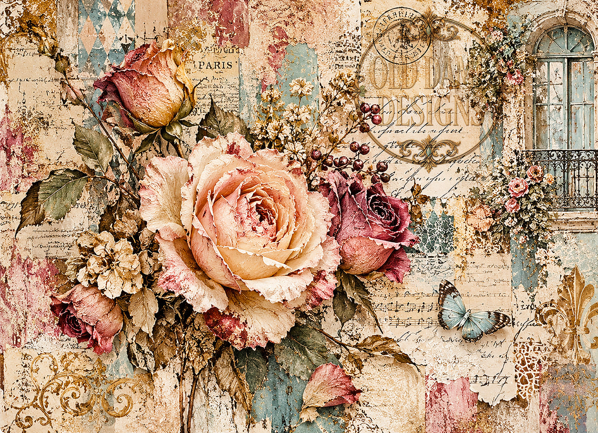 Victorian collage of roses, royal crown, butterflies and leopard print in red and blue, decoupage tissue paper