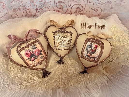 Handcrafted Heart Shaped Ornament Set * French Country Style *