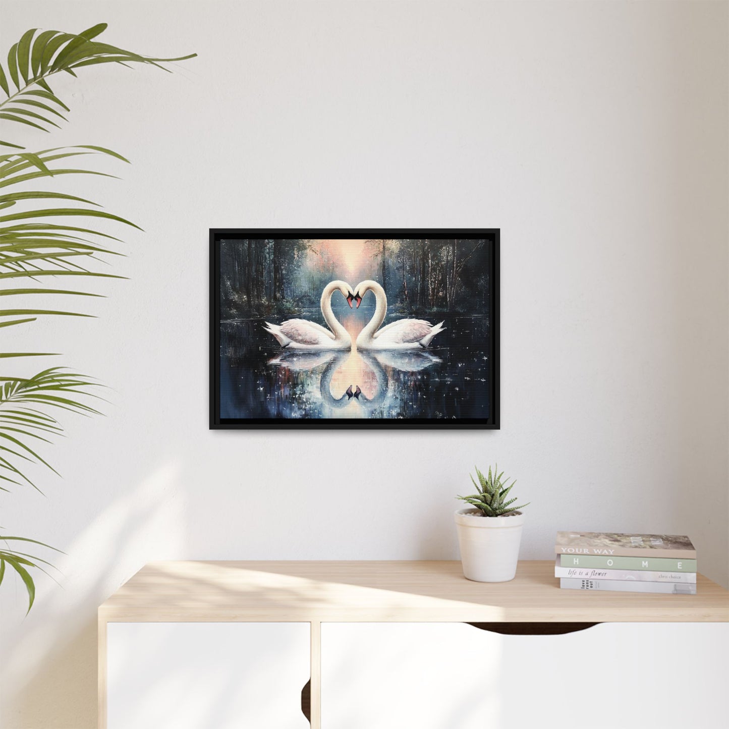 Romantic Swan Canvas Art, Framed Wall Decor, Love Gift, Romantic Home, Wedding Anniversary, Bedroom Wall Art, Nature Art
