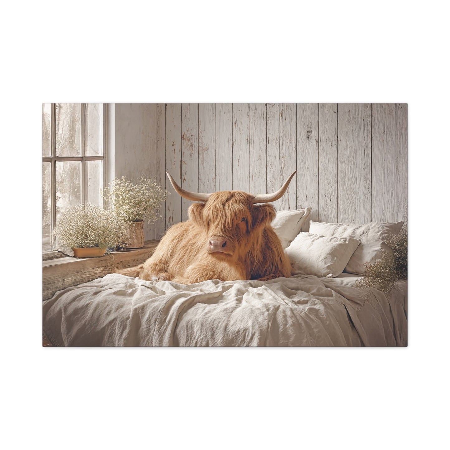 Highland Cow on Cozy Bed Canvas | Matte Stretched Wall Art