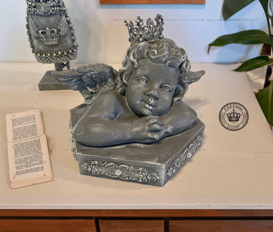 Angel Cherub Statue on Ornate Pedestal with Crown, Pearls & Rhinestones