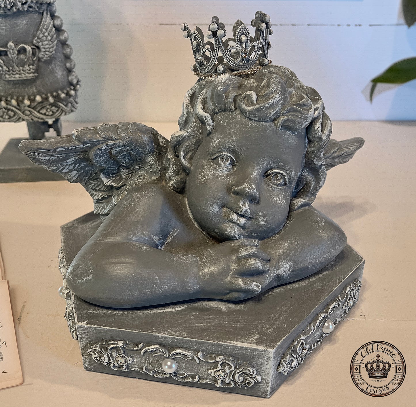 Angel Cherub Statue on Ornate Pedestal with Crown, Pearls & Rhinestones