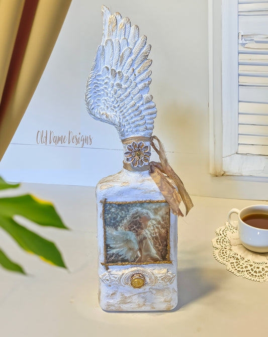 Altered Glass Bottle * Angel Wing Topper * Shabby Chic * Original * Angelic