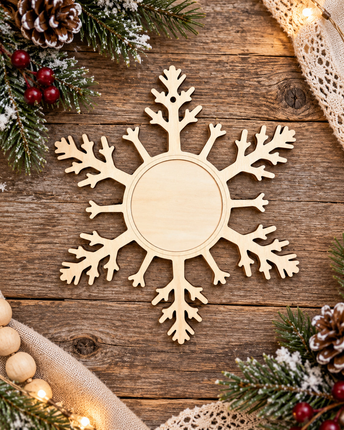 Snowflake Wood Frame Blank – 11" x 11" – 3mm Basswood Christmas Craft Blank