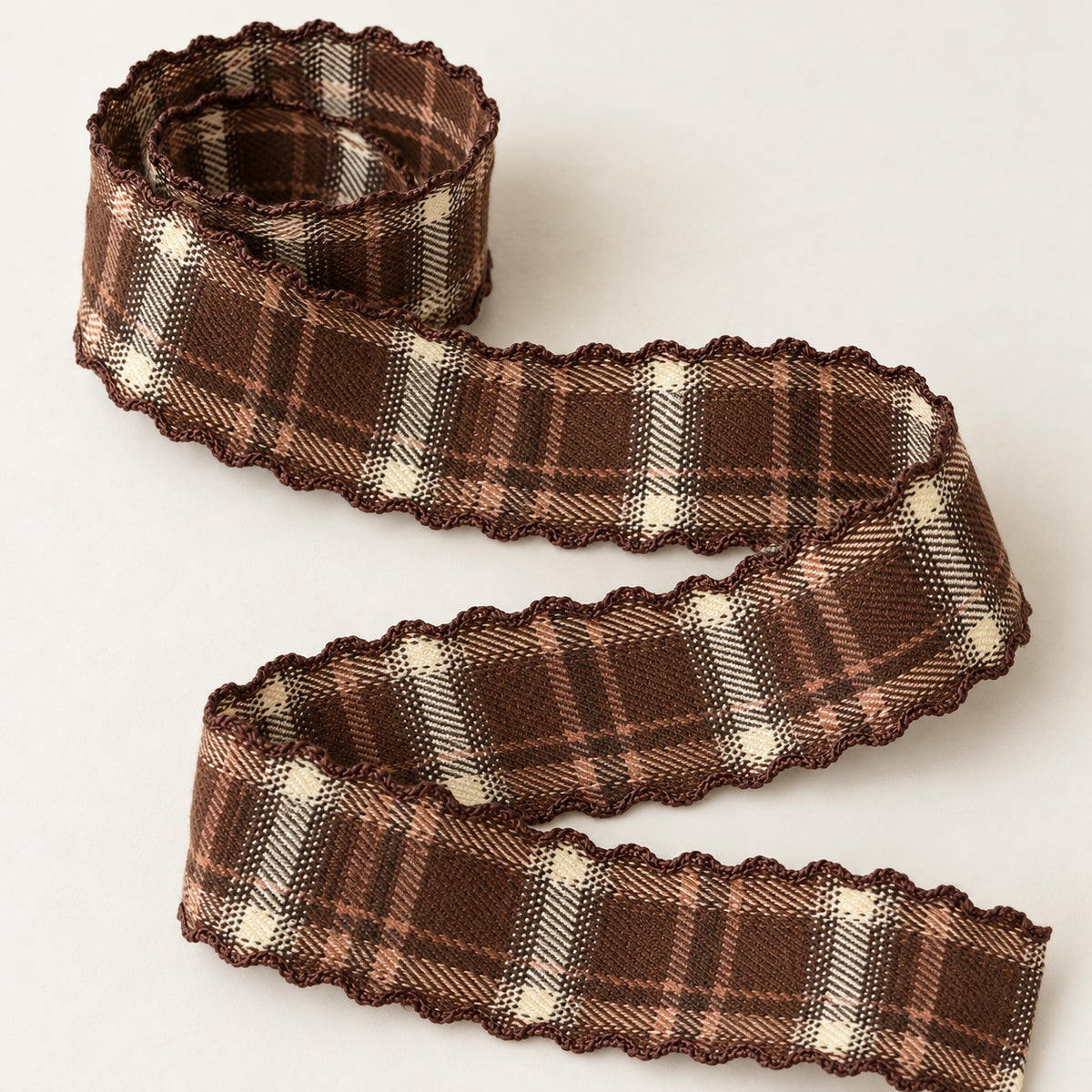 Brown & Cream Plaid Ribbon with Wavy Edges – 2 Yards for Gift Wrapping & Crafts
