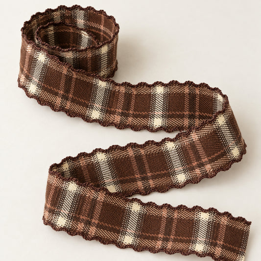 Brown & Cream Plaid Ribbon with Wavy Edges – 2 Yards for Gift Wrapping & Crafts