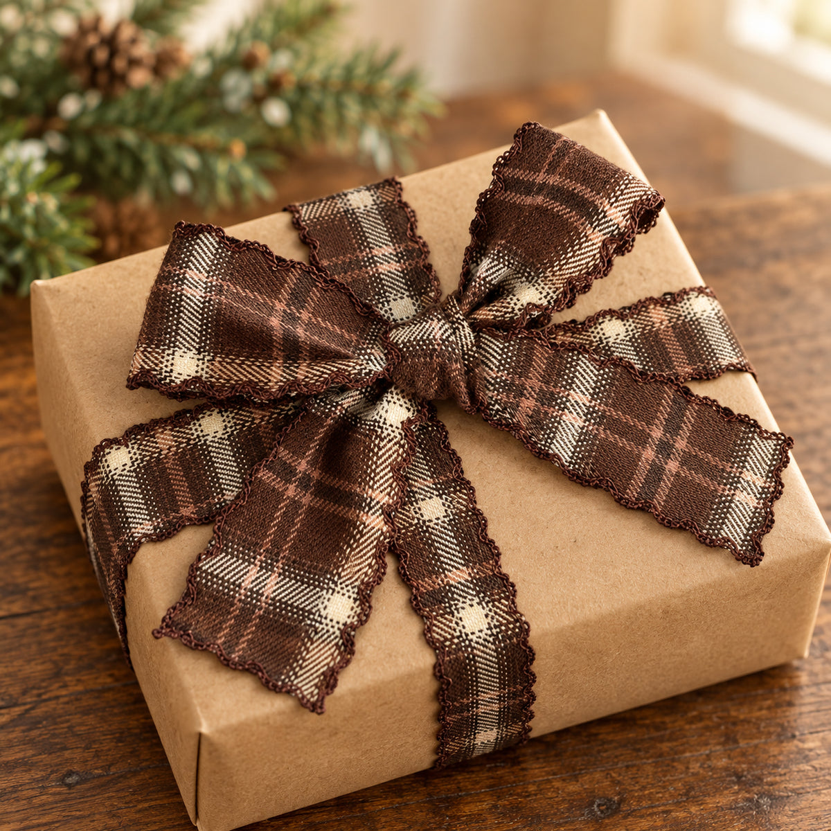 Brown & Cream Plaid Ribbon with Wavy Edges – 2 Yards for Gift Wrapping & Crafts