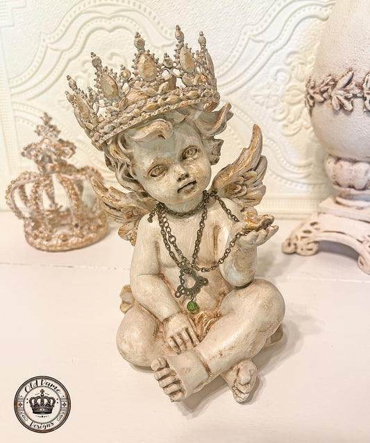 Crowned Angel Cherub Statue Holding Bird * Decorative Home Accent *