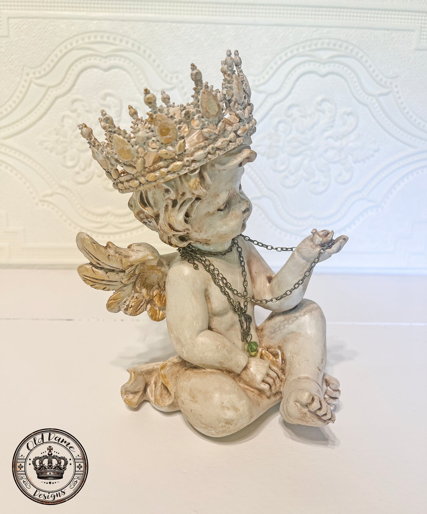 Crowned Angel Cherub Statue Holding Bird * Decorative Home Accent *