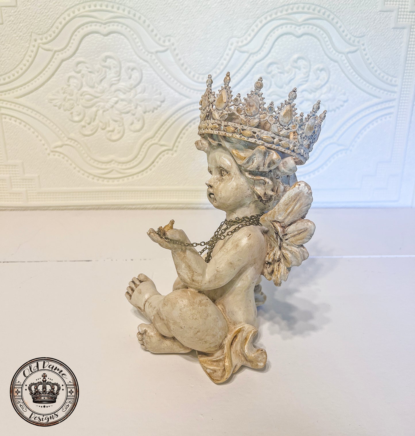 Crowned Angel Cherub Statue Holding Bird * Decorative Home Accent *