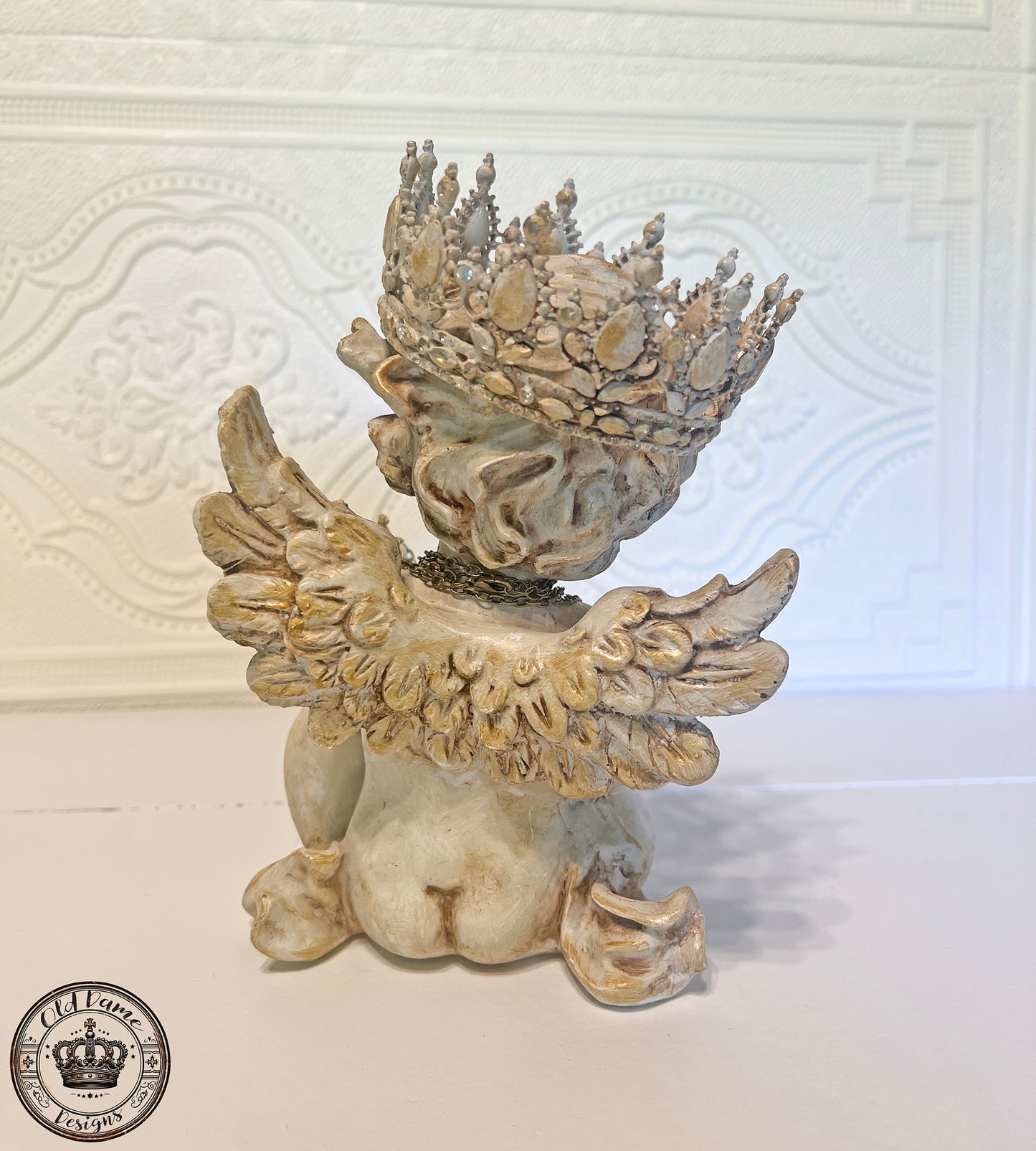 Crowned Angel Cherub Statue Holding Bird * Decorative Home Accent *