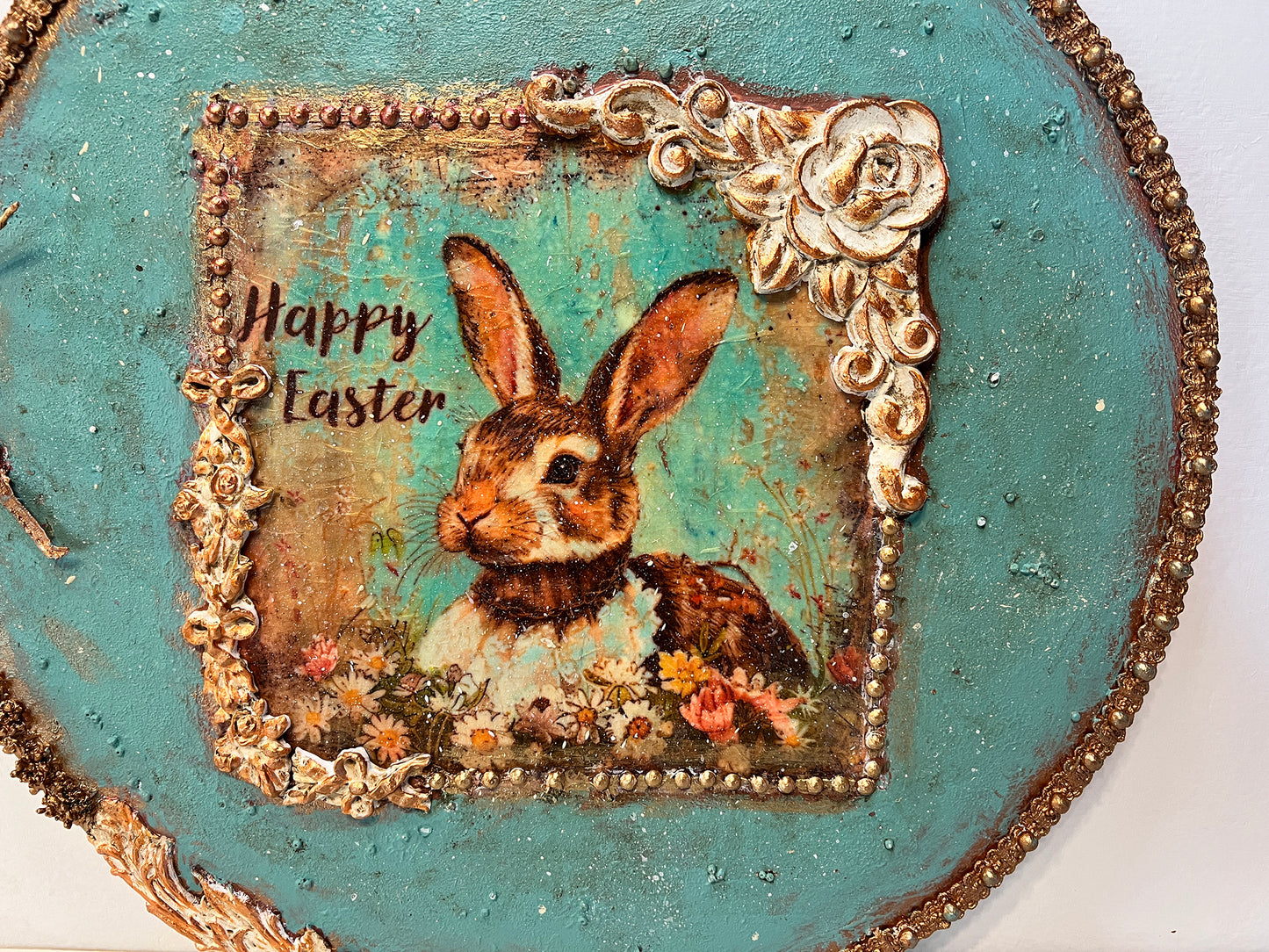 Artistic Easter Sign on 16" Round Wood Wall Panel * Vintage Look * Original