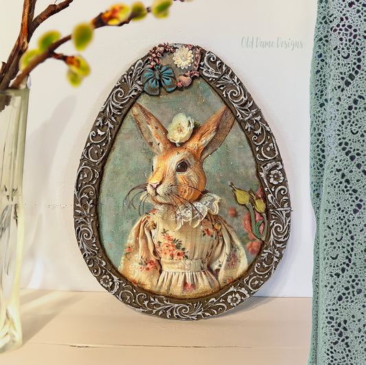 Ornate Egg-Shaped Wall Decoration * Shelf Sitter * Spring Vintage Bunny Rabbit