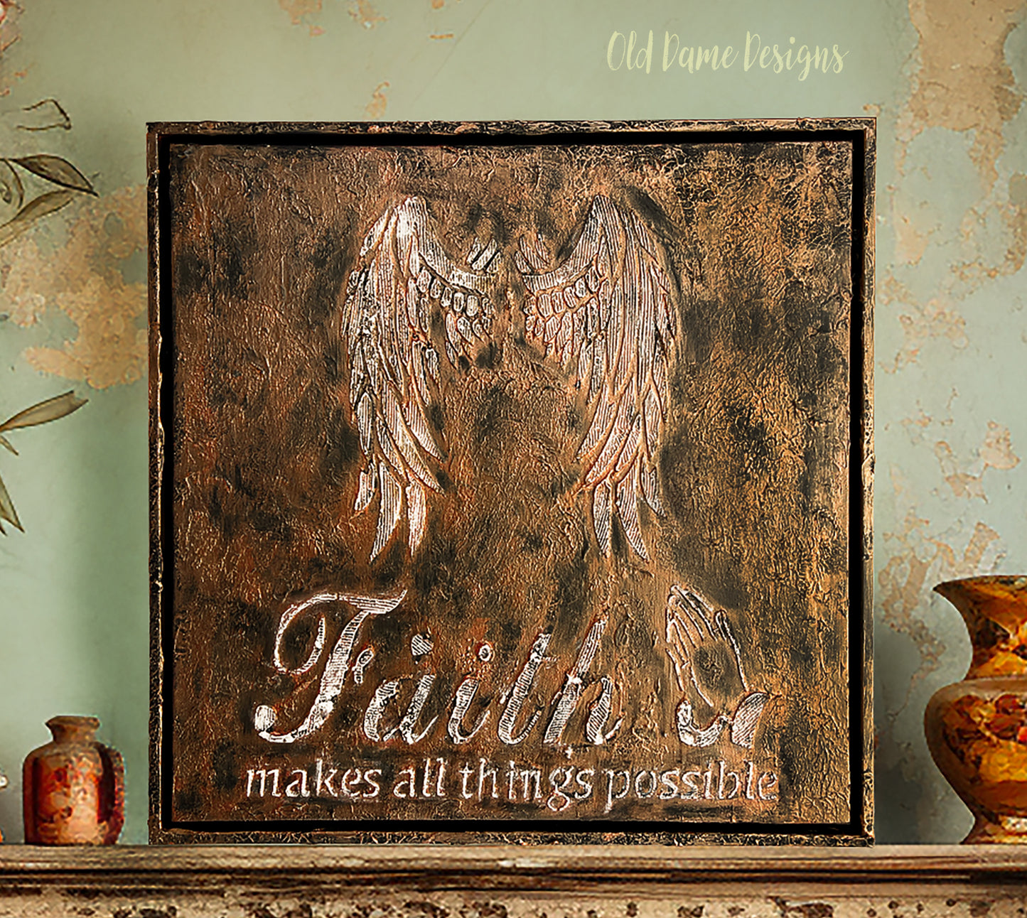 Framed Canvas Wall Art * Raised Stencil * Hand Painted & Texturized * Faith