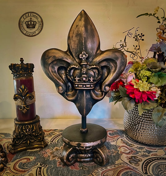 Fleur De Lis with Crown on Pedestal Stand * Tabletop Decor