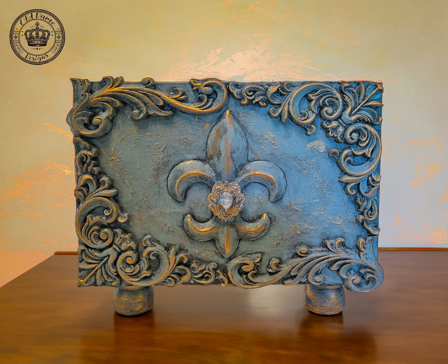 Beautiful Handcrafted Decorative Fleur on an Ornate Wood Canvas * Tabletop Decor