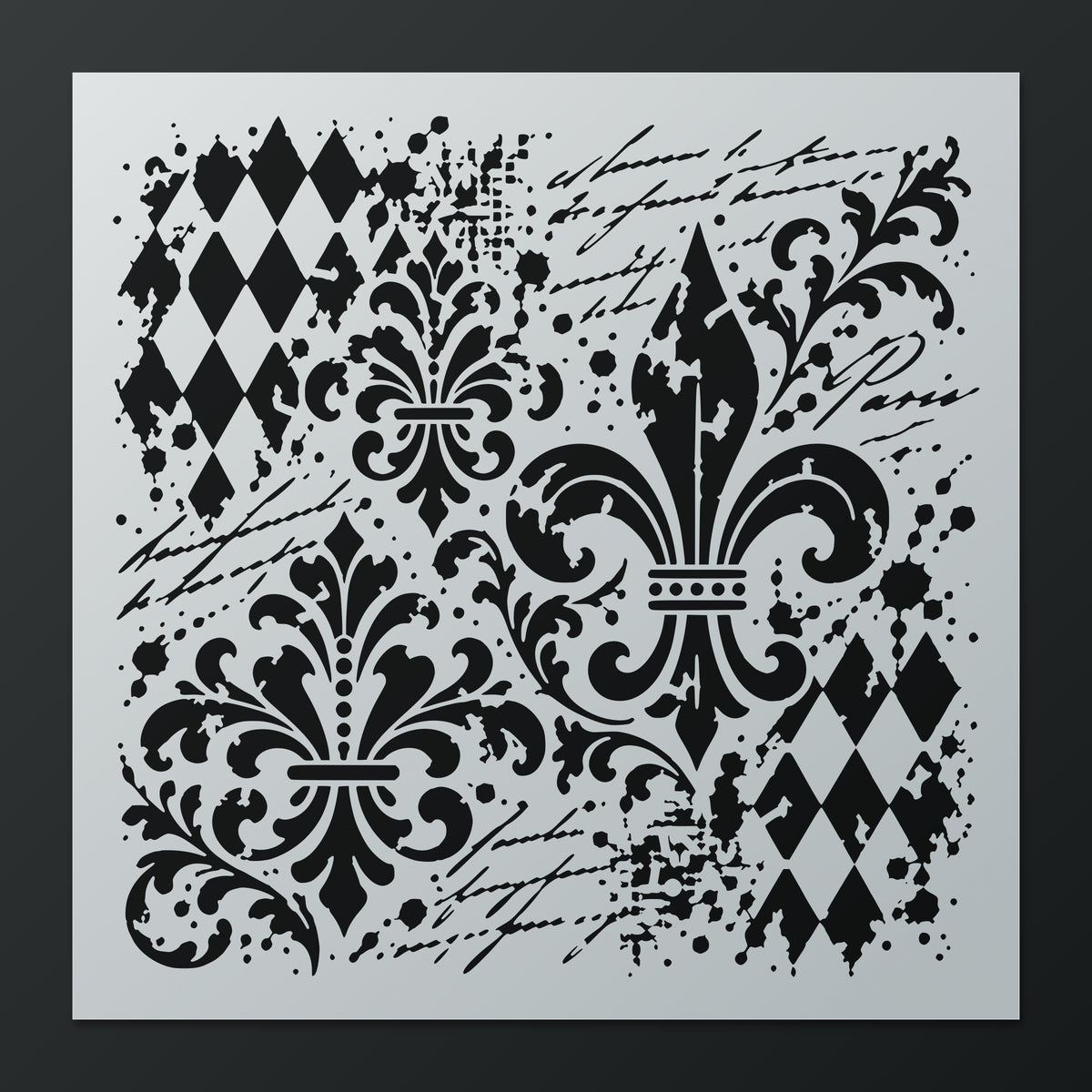 French Mixed Media Stencil, Fleur de Lis & Harlequin Diamonds