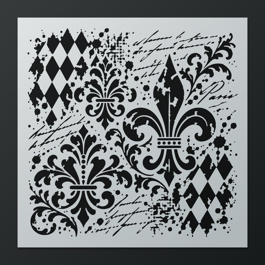 French Mixed Media Stencil, Fleur de Lis & Harlequin Diamonds