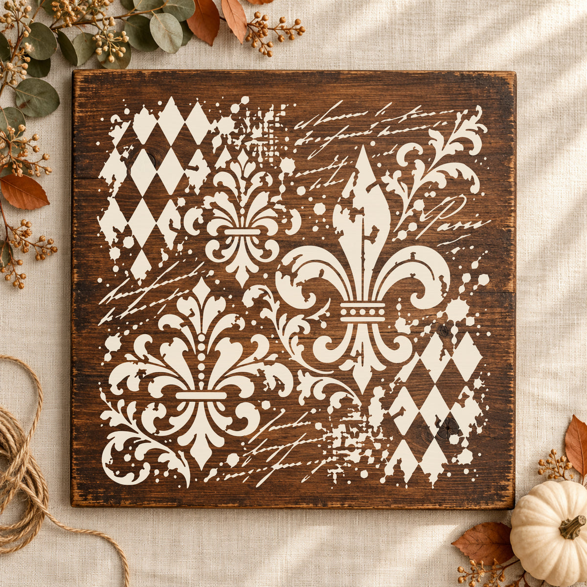 French Mixed Media Stencil, Fleur de Lis & Harlequin Diamonds