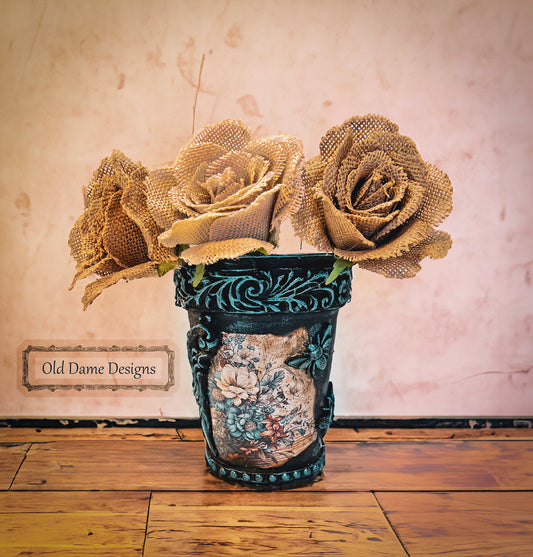 Hand Decorated Decoupaged Galvanized Vase