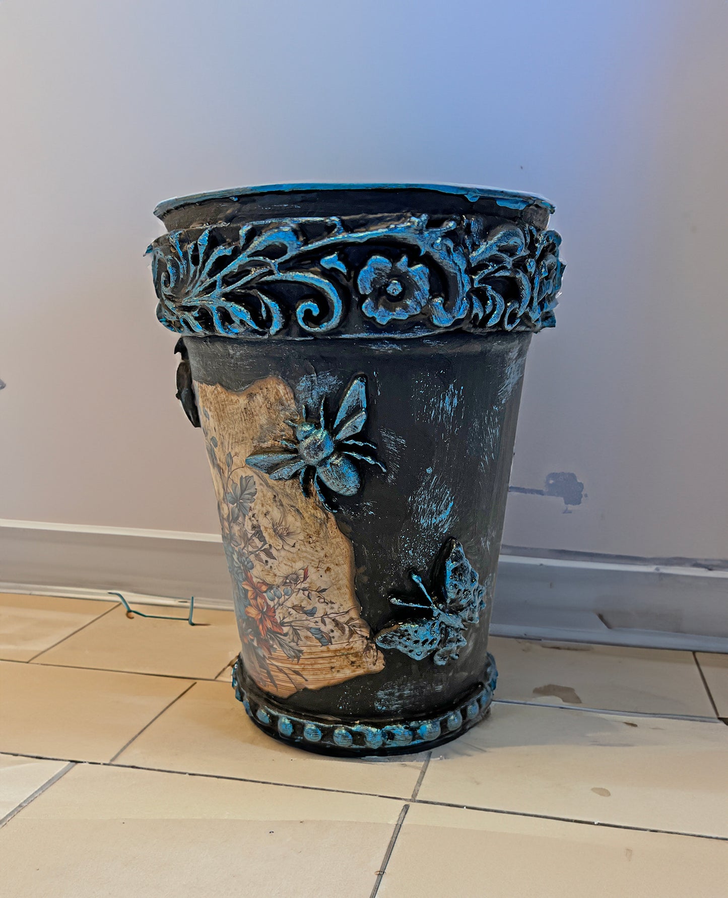 Hand Decorated Decoupaged Galvanized Vase