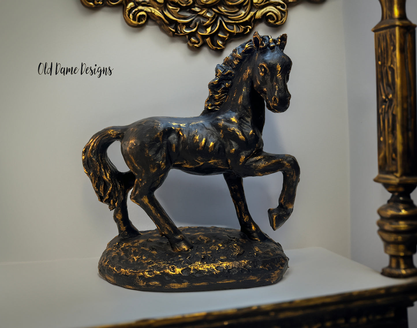 Black & Gold Large Horse Statue Figurine * Royal Home Decor *