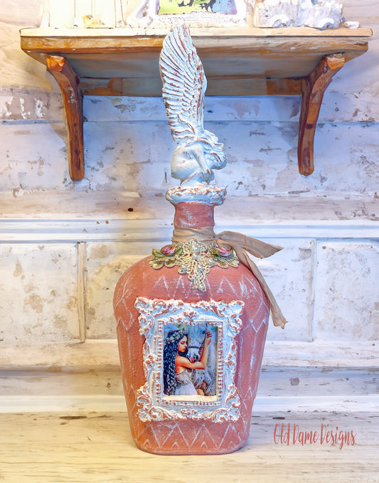 Beautiful Glass Bottle with Angel Topper * Horse Lady * Ornate Frame