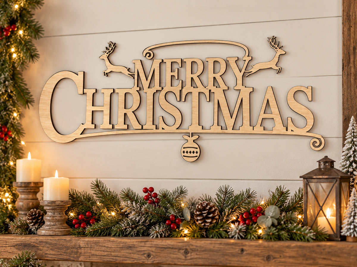 Merry Christmas Wooden Cutout Sign | 22.75” x 9.5” | Laser Cut 1/4” Plywood Christmas Craft Blank