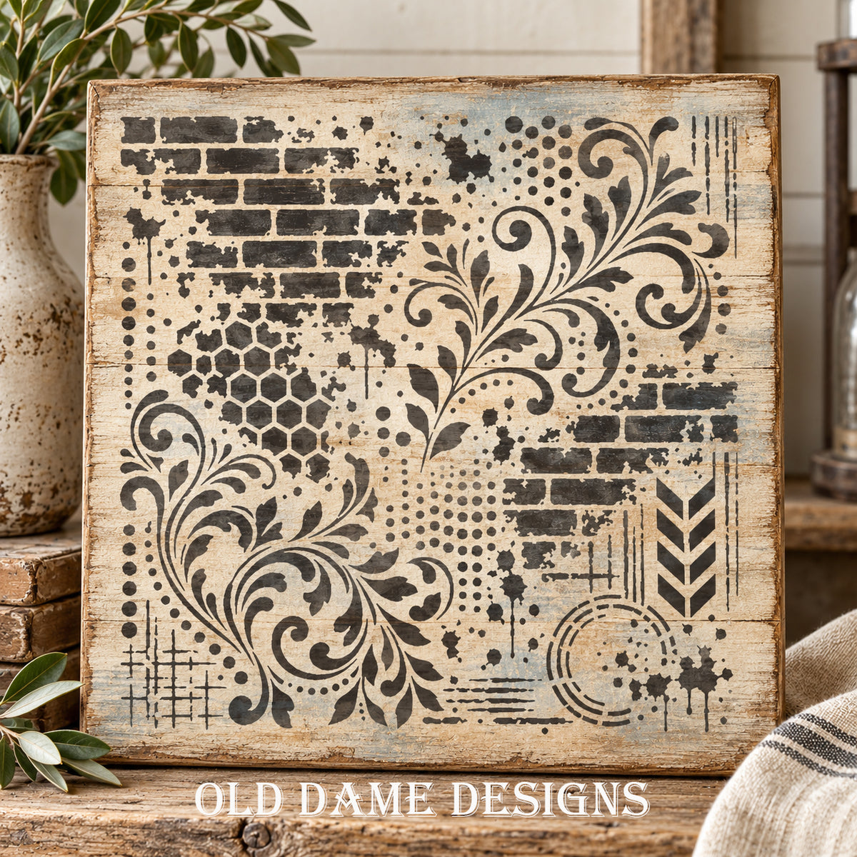 Brick & Scrolls Mixed Media Stencil