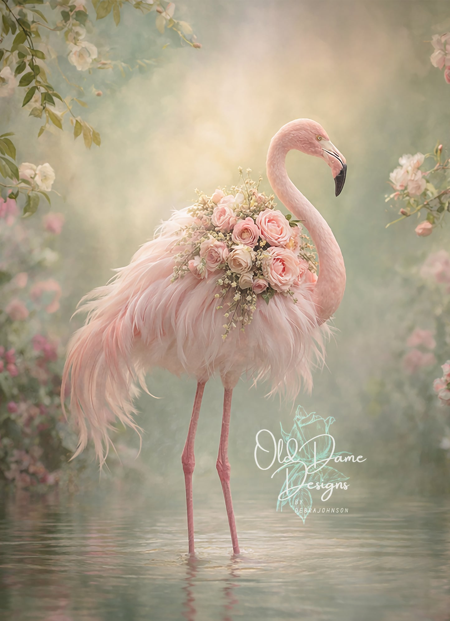 Flamingo in the Whispering Rose Pond