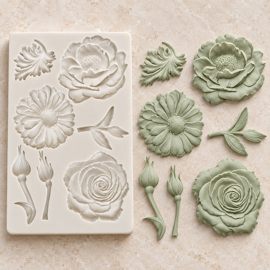 Peony, Rose & Daisy Silicone Mold – Floral Blooms, Rosebuds & Leaf Embellishments