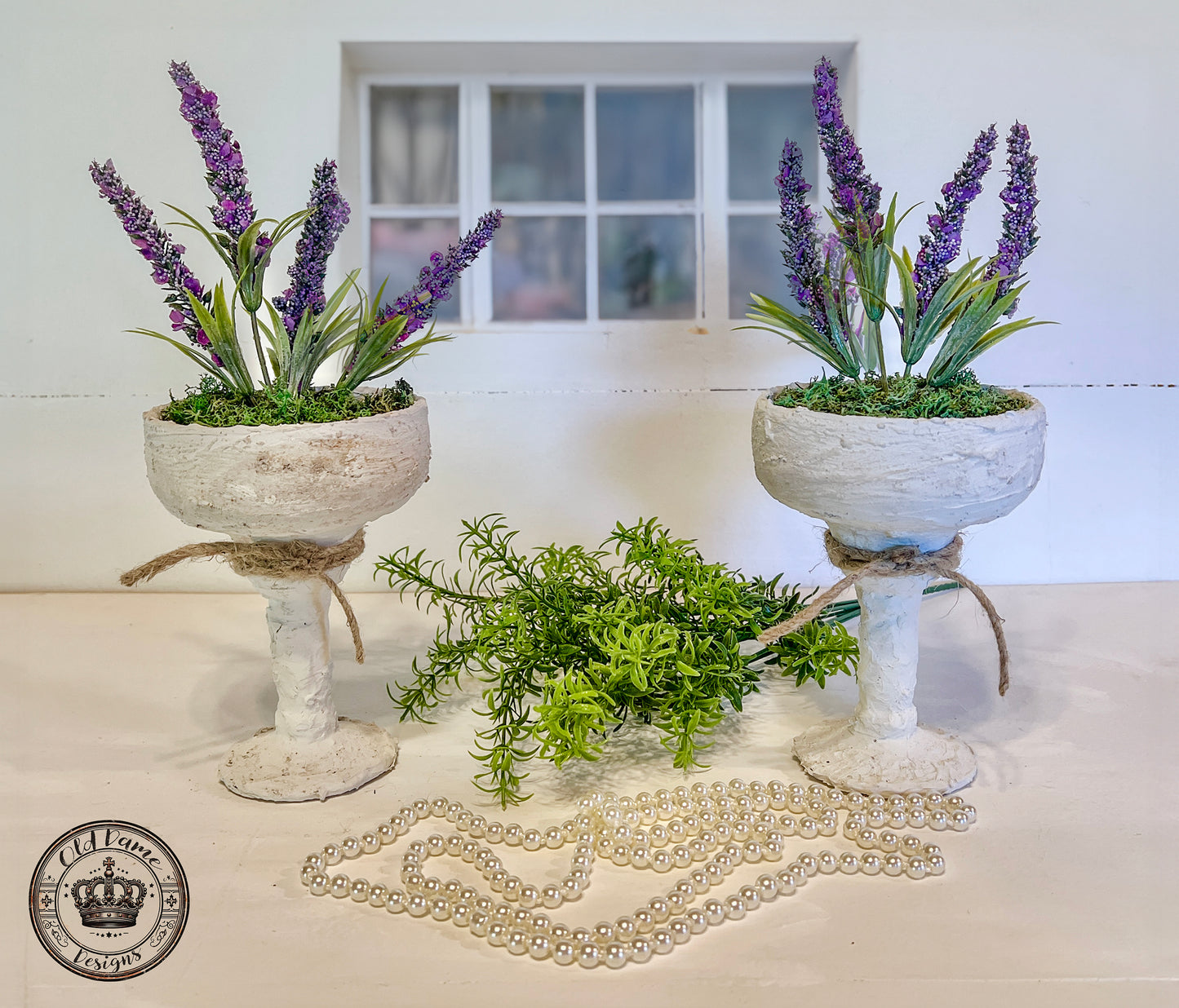 Faux Lavender Wine Glass Plant Set * Shabby Chic Decor