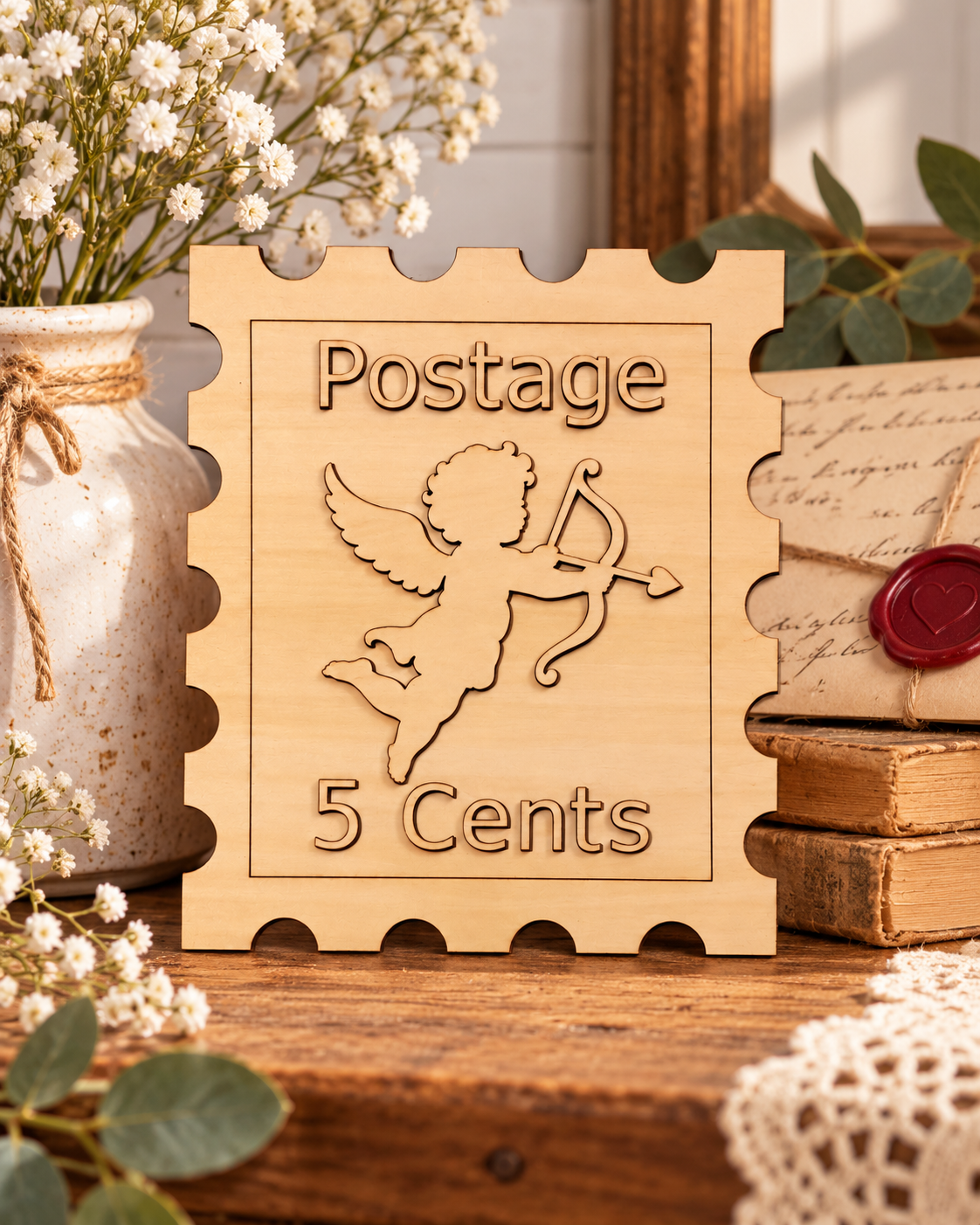 Cupid Postage Stamp Wood Cutout, 8.2 x 9.75 Inch Unfinished Wood Blank, DIY Craft
