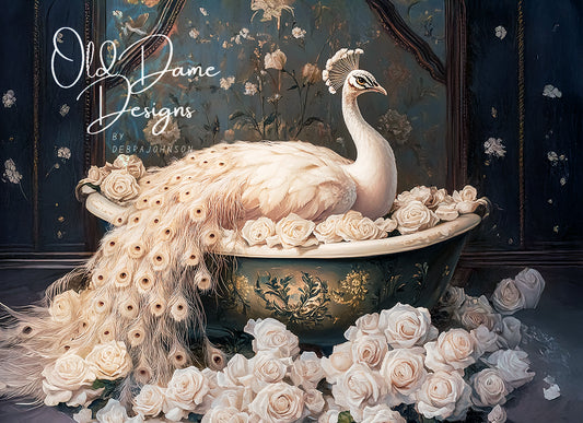 White Peacock in a Tub of Roses