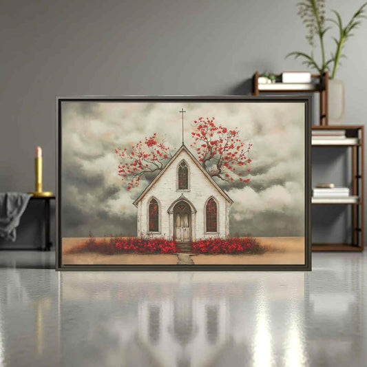 Framed Matte Canvas Art Print — Charming Church Scene with Trees, Home Decor, Wall Art, Gift for Art Lovers, Office Decor