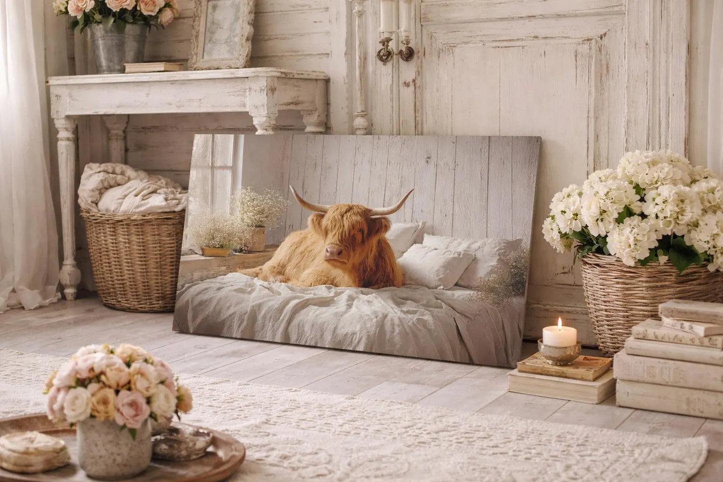 Highland Cow on Cozy Bed Canvas | Matte Stretched Wall Art