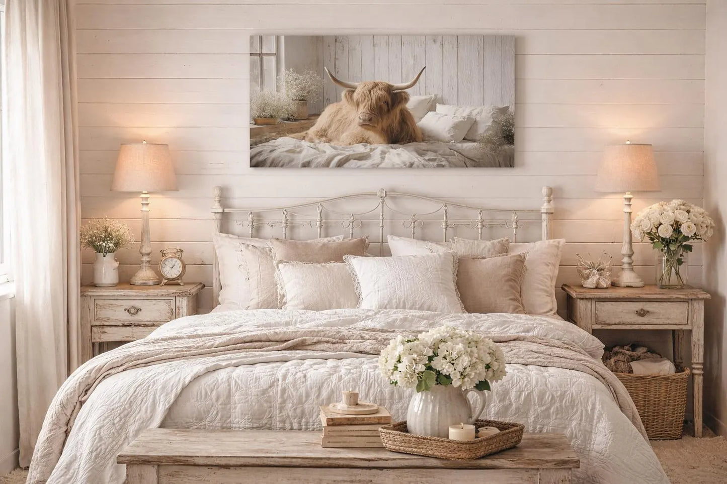 Highland Cow on Cozy Bed Canvas | Matte Stretched Wall Art