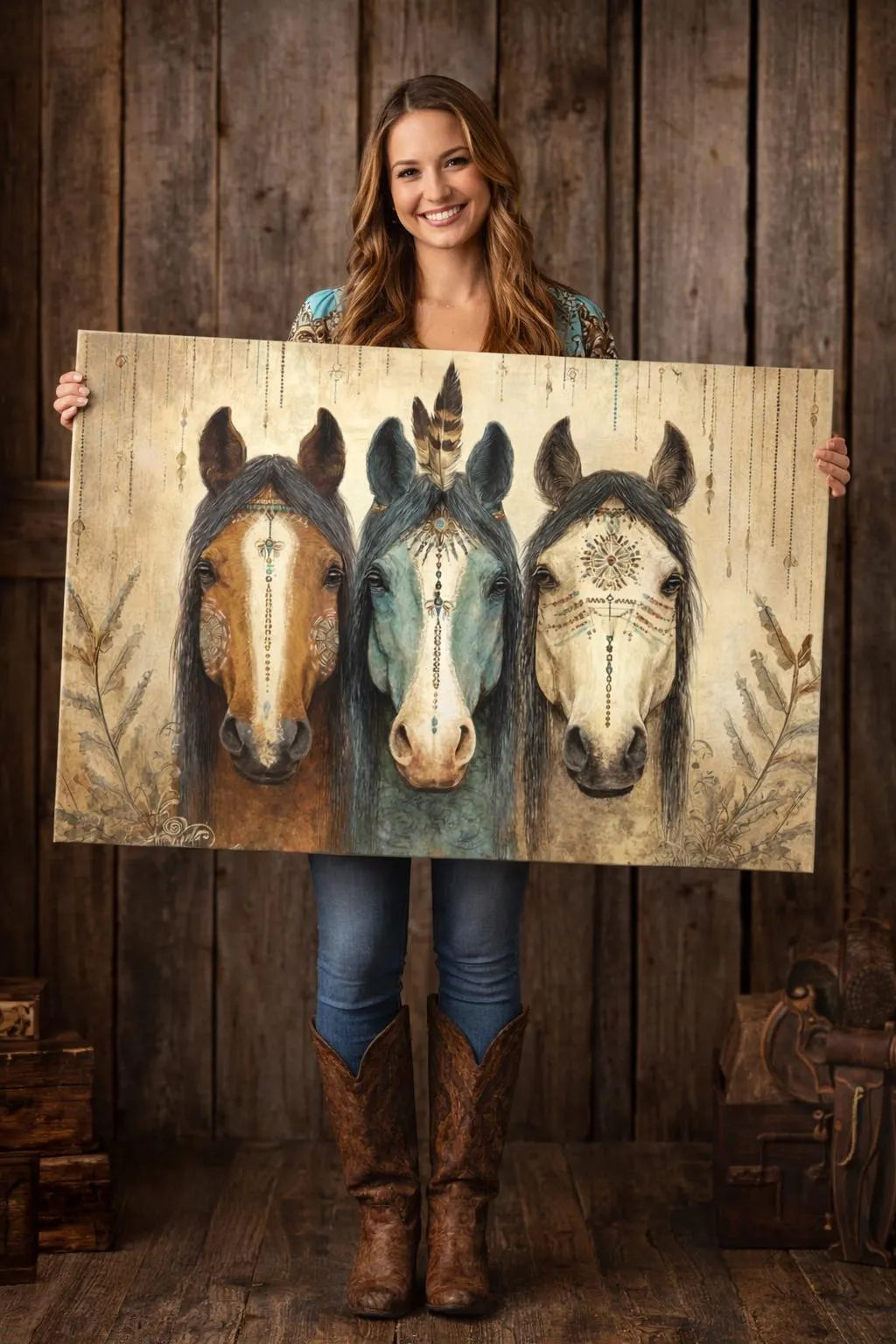 Trio of Tribal Horses Canvas | Matte Stretched Wall Art 1.25"