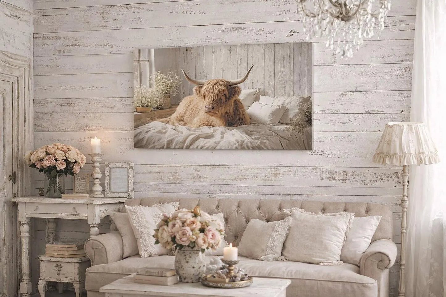 Highland Cow on Cozy Bed Canvas | Matte Stretched Wall Art
