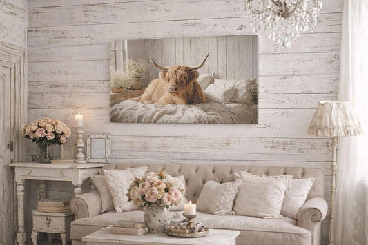 Highland Cow on Cozy Bed Canvas | Matte Stretched Wall Art